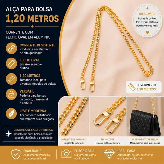 Alca Para Bolsa Corrente Fecho Oval 1,20 Metros Em Aluminio Unidade