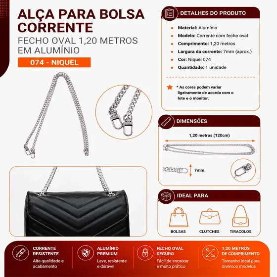 Alca Para Bolsa Corrente Fecho Oval 1,20 Metros Em Aluminio Unidade