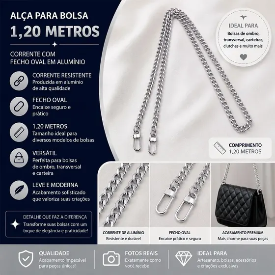 Alca Para Bolsa Corrente Fecho Oval 1,20 Metros Em Aluminio Unidade