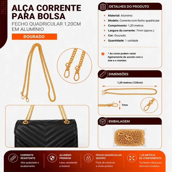Alca Corrente Para Bolsa Fecho Quadricular 1,20Cm Em Aluminio Unidade