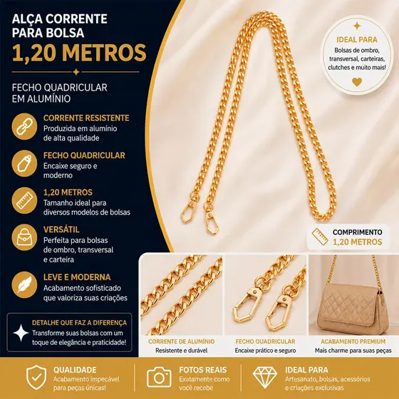 Alca Corrente Para Bolsa Fecho Quadricular 1,20Cm Em Aluminio Unidade