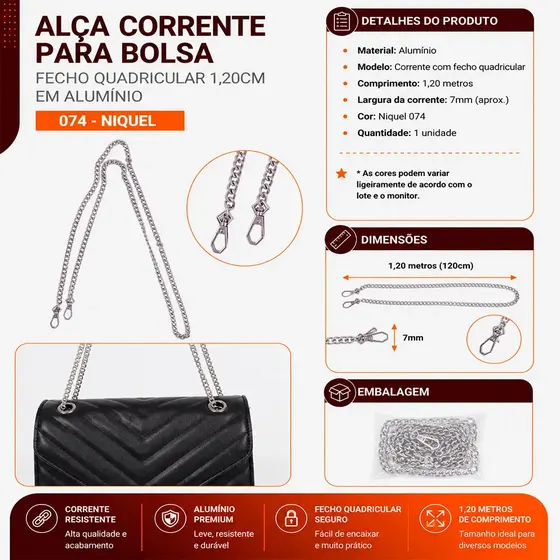 Alca Corrente Para Bolsa Fecho Quadricular 1,20Cm Em Aluminio Unidade