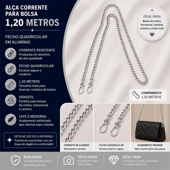 Alca Corrente Para Bolsa Fecho Quadricular 1,20Cm Em Aluminio Unidade
