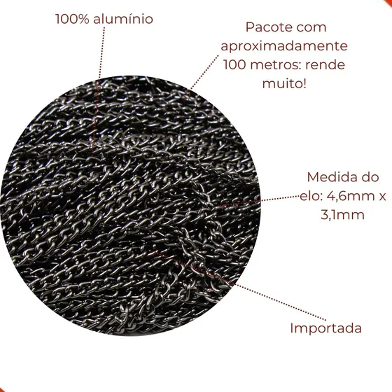 Corrente Grume 4.6X3.1Mm Em Aluminio Com 100 Metros 076 - Grafite 076