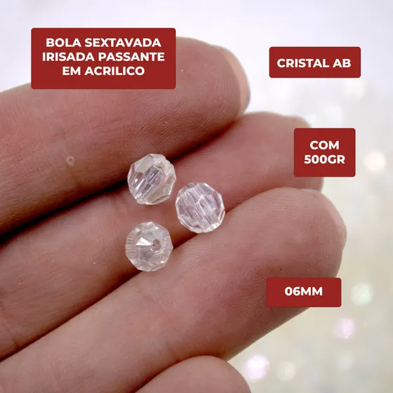 Bola Sextavada Irisada Passante 06Mm Em Acrilico Com 500Gr 643G - Cristal Ab 643G