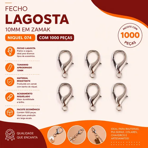 Fecho Lagosta 10Mm Em Zamak (1000 Pc) 074 - Niquel 074