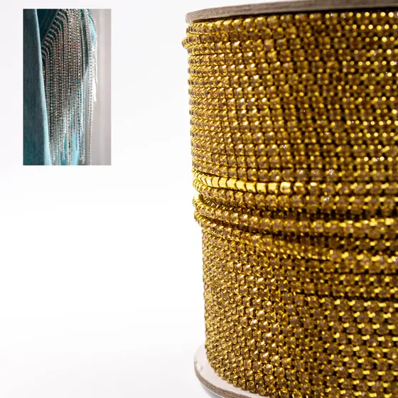 Corrente De Strass Junta Ss12 Em Vidro Com 100 Metros 545 - Dourado + Light Topazio