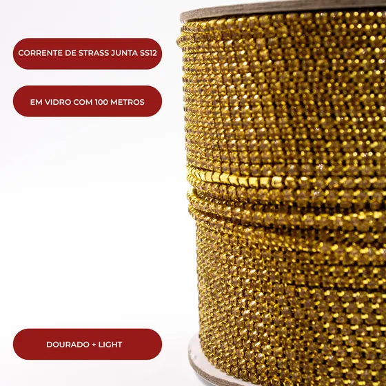 Corrente De Strass Junta Ss12 Em Vidro Com 100 Metros 545 - Dourado + Light Topazio