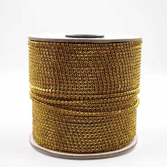 Corrente De Strass Junta Ss12 Em Vidro Com 100 Metros 545 - Dourado + Light Topazio