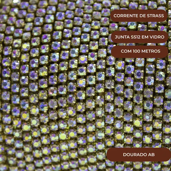 Corrente De Strass Junta Ss12 Em Vidro Com 100 Metros Kr425 - Dourado Ab