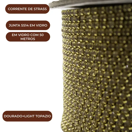 Corrente De Strass Junta Ss14 Em Vidro Com 50 Metros 545 - Dourado + Light Topazio