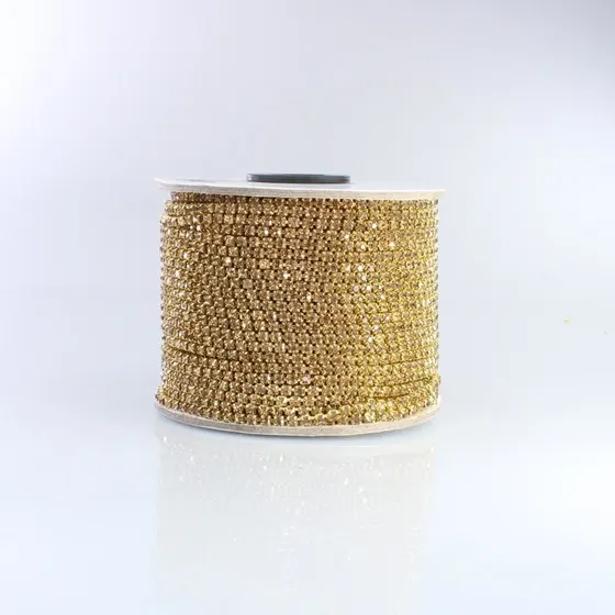 Corrente De Strass Junta Ss16 Em Vidro Com 50 Metros 545 - Dourado + Light Topazio