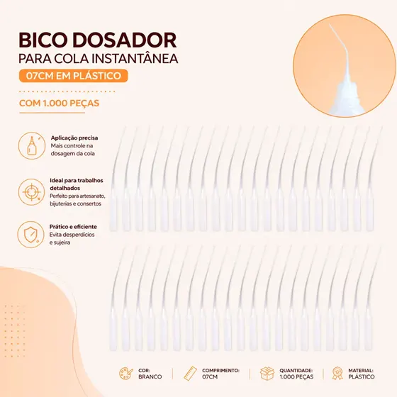 Bico Dosador Para Cola Instantanea 07Cm Em Plastico Com 1.000 Pecas