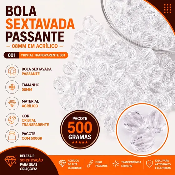 Bola Sextavada Passante 08Mm Em Acrilico Com 500Gr 001 - Cristal Transparente 001