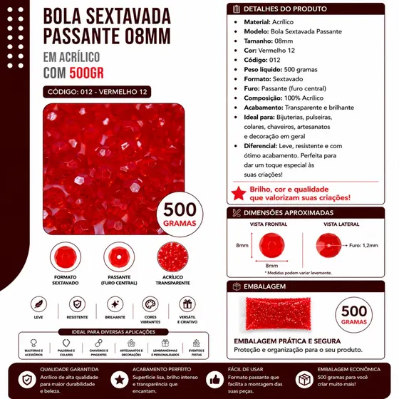 Bola Sextavada Passante 08Mm Em Acrilico Com 500Gr 012 - Vermelho 12