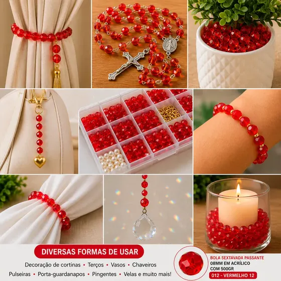 Bola Sextavada Passante 08Mm Em Acrilico Com 500Gr 012 - Vermelho 12