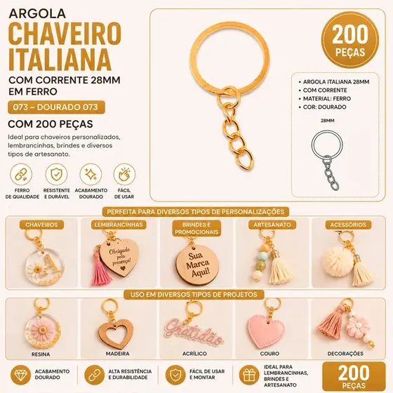 Argola Chaveiro Italiana Com Corrente 28Mm Em Ferro Com 200 Pecas 073 - Dourado 073