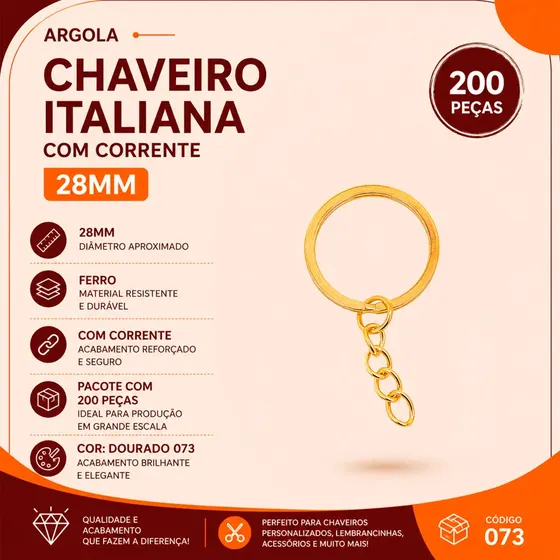 Argola Chaveiro Italiana Com Corrente 28Mm Em Ferro Com 200 Pecas 073 - Dourado 073