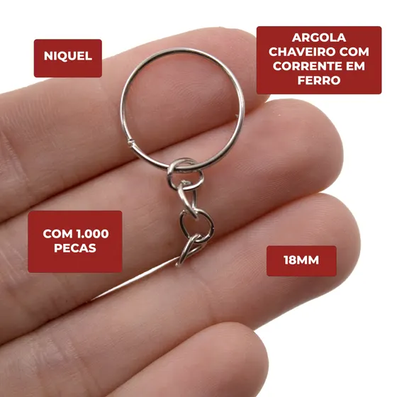 Argola Chaveiro Com Corrente 18Mm Em Ferro Com 1.000 Pecas 074 - Niquel 074