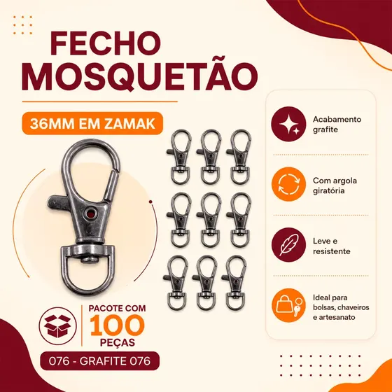 Fecho Mosquetao 36Mm Em Zamak Com 100 Pecas 076 - Grafite 076