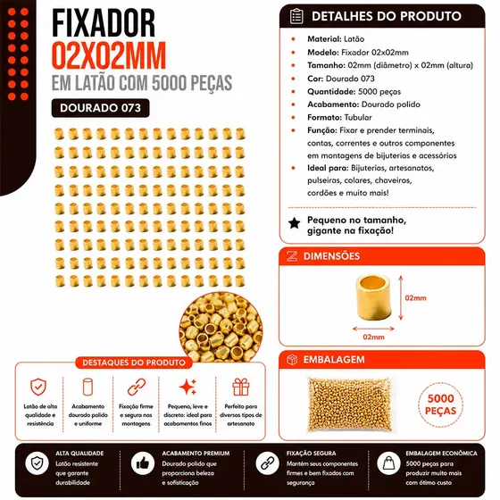 Fixador 02X02Mm Em Latao Com 5000 Pecas 073 - Dourado 073