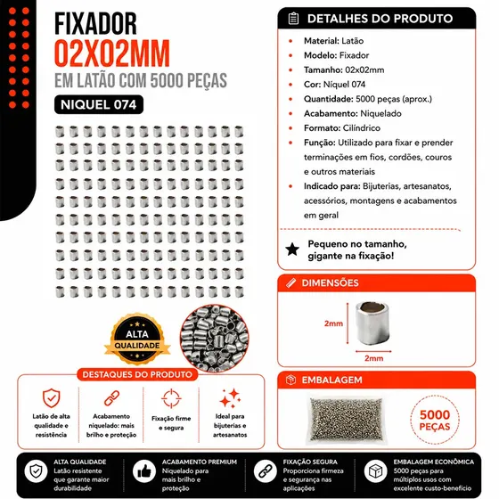 Fixador 02X02Mm Em Latao Com 5000 Pecas 074 - Niquel 074