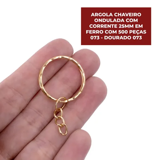 Argola Chaveiro Ondulada Com Corrente 25Mm Em Ferro Com 500 Pecas 073 - Dourado 073