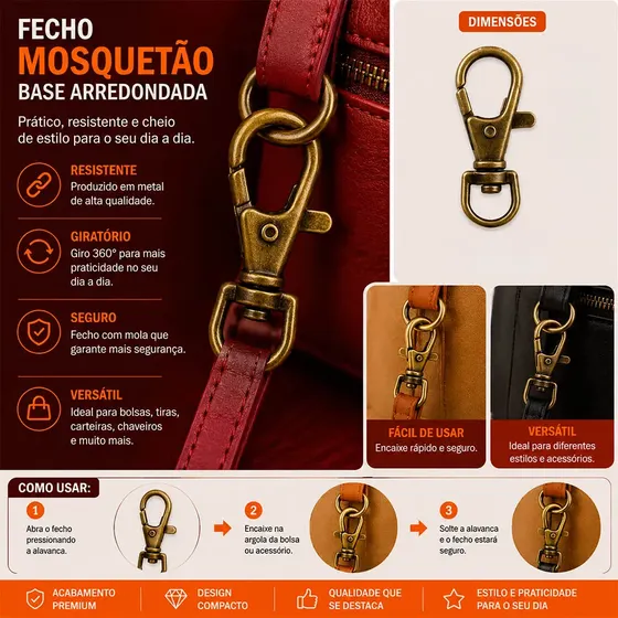 Fecho Mosquetao Base Arredondada 36Mm Em Zamak Com 100 Pecas 075 - Ouro Velho