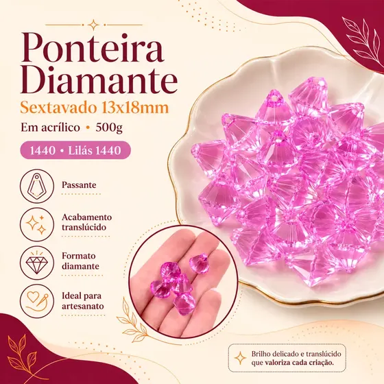 Ponteira Diamante Sextavado 13X18Mm Em Acrilico Com 500Gr 1440 - Lilas 1440