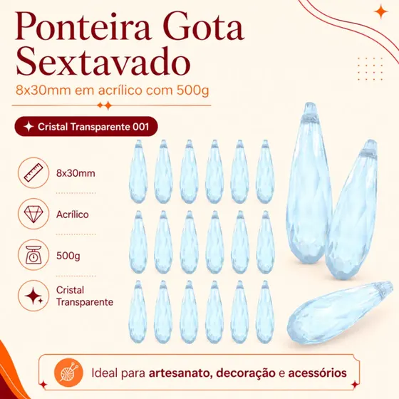 Ponteira Gota Sextavado 8X30Mm Em Acrilico Com 500Gr 001 - Cristal Transparente 001