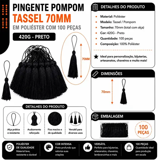 Pingente Pompom Tassel 70Mm Em Poliester Com 100 Pecas