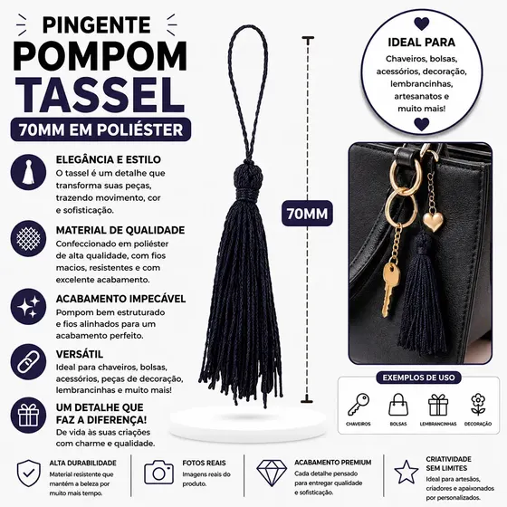 Pingente Pompom Tassel 70Mm Em Poliester Com 100 Pecas