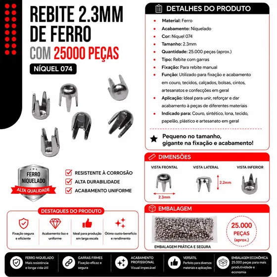 Rebite 2.3Mm De Ferro Com 25000 Pecas 074 - Niquel 074