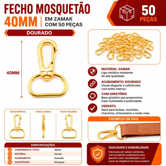 Fecho Mosquetao 40Mm Em Zamak Com 50 Pecas 073 - Dourado 073
