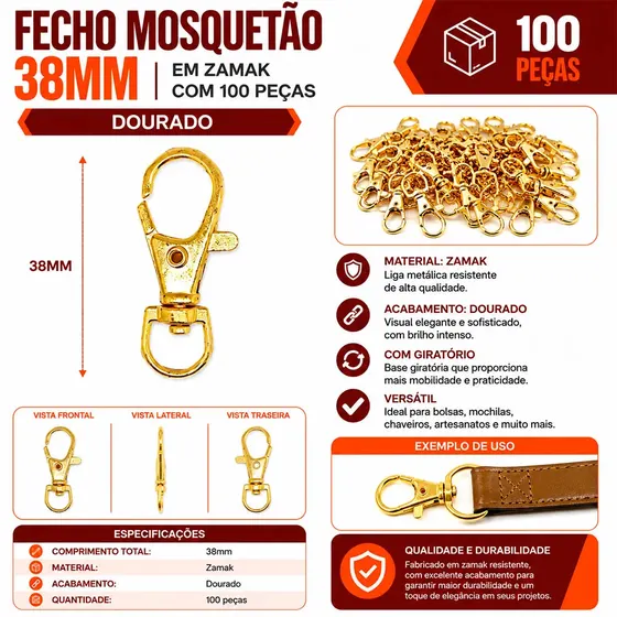Fecho Mosquetao 38Mm Em Zamak Com 100 Pecas 073 - Dourado 073