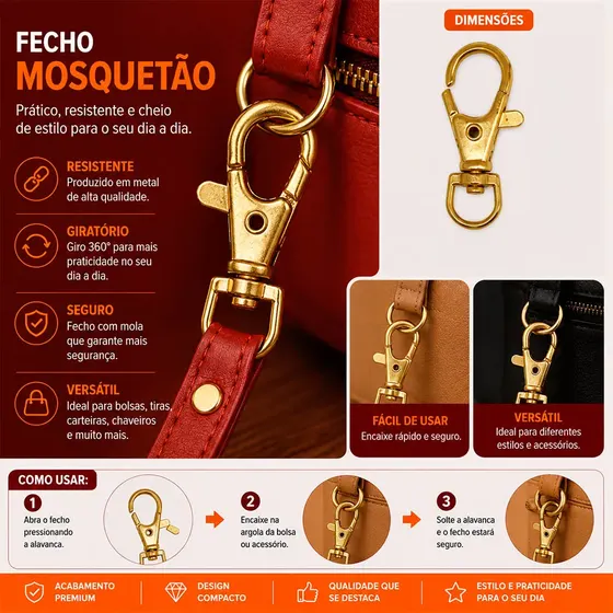 Fecho Mosquetao 38Mm Em Zamak Com 100 Pecas 073 - Dourado 073