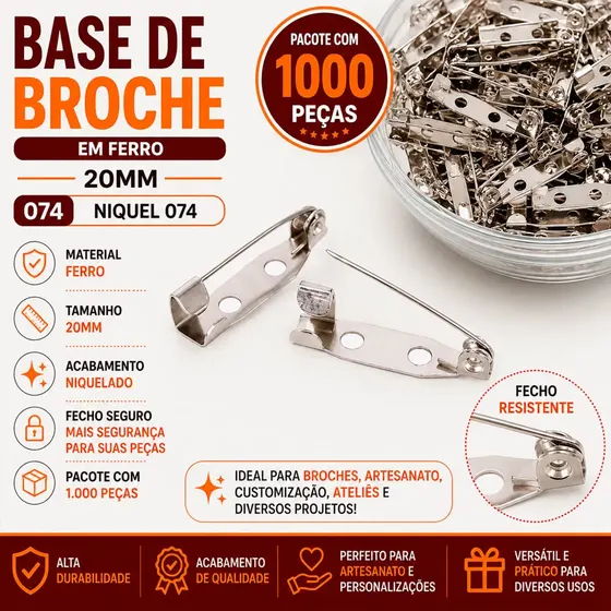 Base De Broche 20Mm Em Ferro Com 1.000 Pecas 074 - Niquel 074