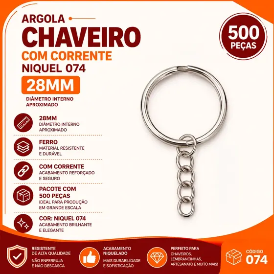 Argola Chaveiro Com Corrente 28Mm Em Ferro Com 500 Pecas 074 - Niquel 074