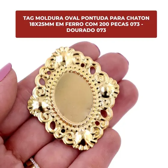 Tag Moldura Oval Pontuda Para Chaton 18X25Mm Em Ferro Com 200 Pecas 073 - Dourado 073