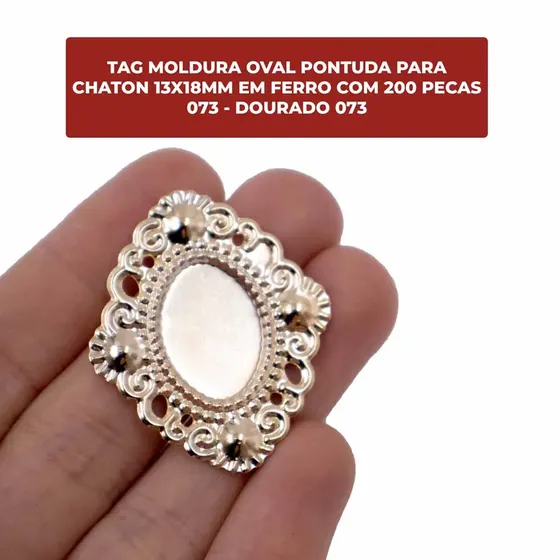 Tag Moldura Oval Pontuda Para Chaton 13X18Mm Em Ferro Com 200 Pecas 073 - Dourado 073
