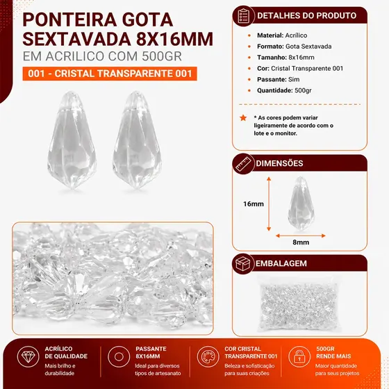 Ponteira Gota Sextavada 8X16Mm Em Acrilico Com 500Gr 001 - Cristal Transparente 001