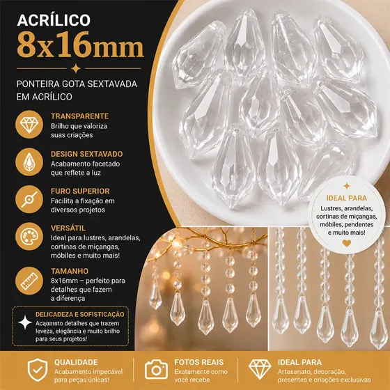 Ponteira Gota Sextavada 8X16Mm Em Acrilico Com 500Gr 001 - Cristal Transparente 001