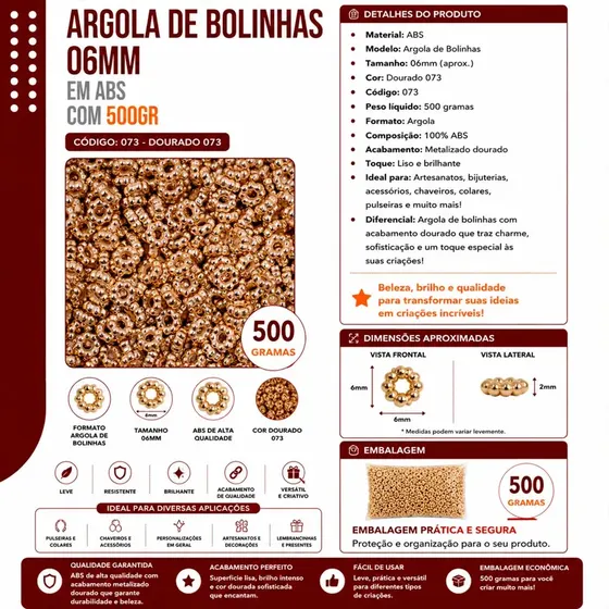 Argola De Bolinhas 06Mm Em Abs Com 500Gr 073 - Dourado 073