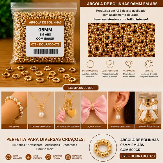 Argola De Bolinhas 06Mm Em Abs Com 500Gr 073 - Dourado 073