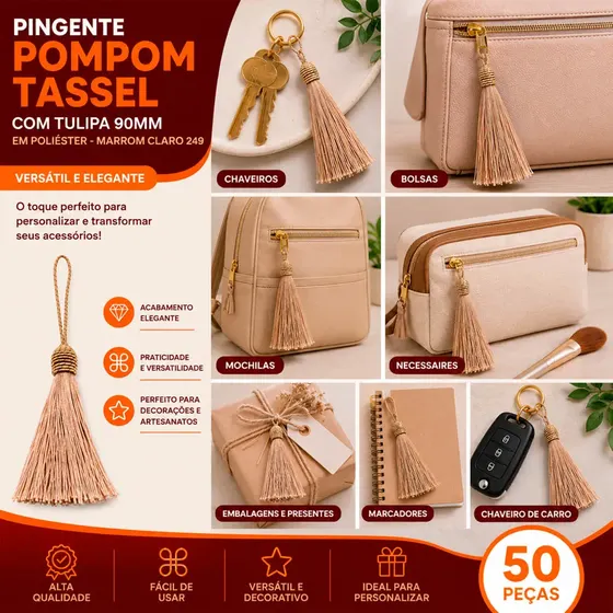 Pingente Pompom Tassel Com Tulipa 90Mm Em Poliester Com 50 Pecas 249 - Marrom Claro