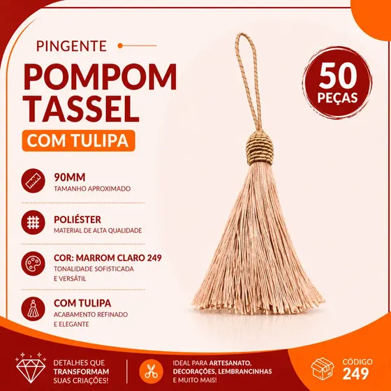 Pingente Pompom Tassel Com Tulipa 90Mm Em Poliester Com 50 Pecas 249 - Marrom Claro