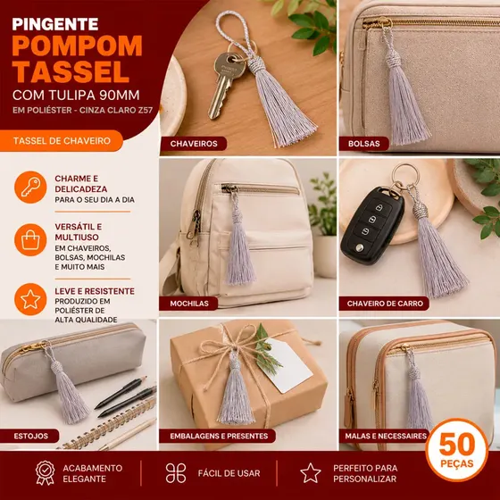 Pingente Pompom Tassel Com Tulipa 90Mm Em Poliester Com 50 Pecas 257 - Cinza Claro Z57