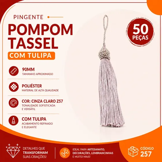 Pingente Pompom Tassel Com Tulipa 90Mm Em Poliester Com 50 Pecas 257 - Cinza Claro Z57
