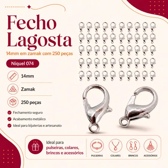 Fecho Lagosta 14Mm Em Zamak Com 250 Pecas