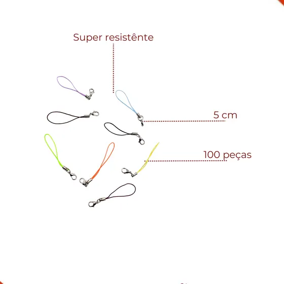 Fio De Corda Com Fecho Para Celular 5Cm Com 100 Pecas